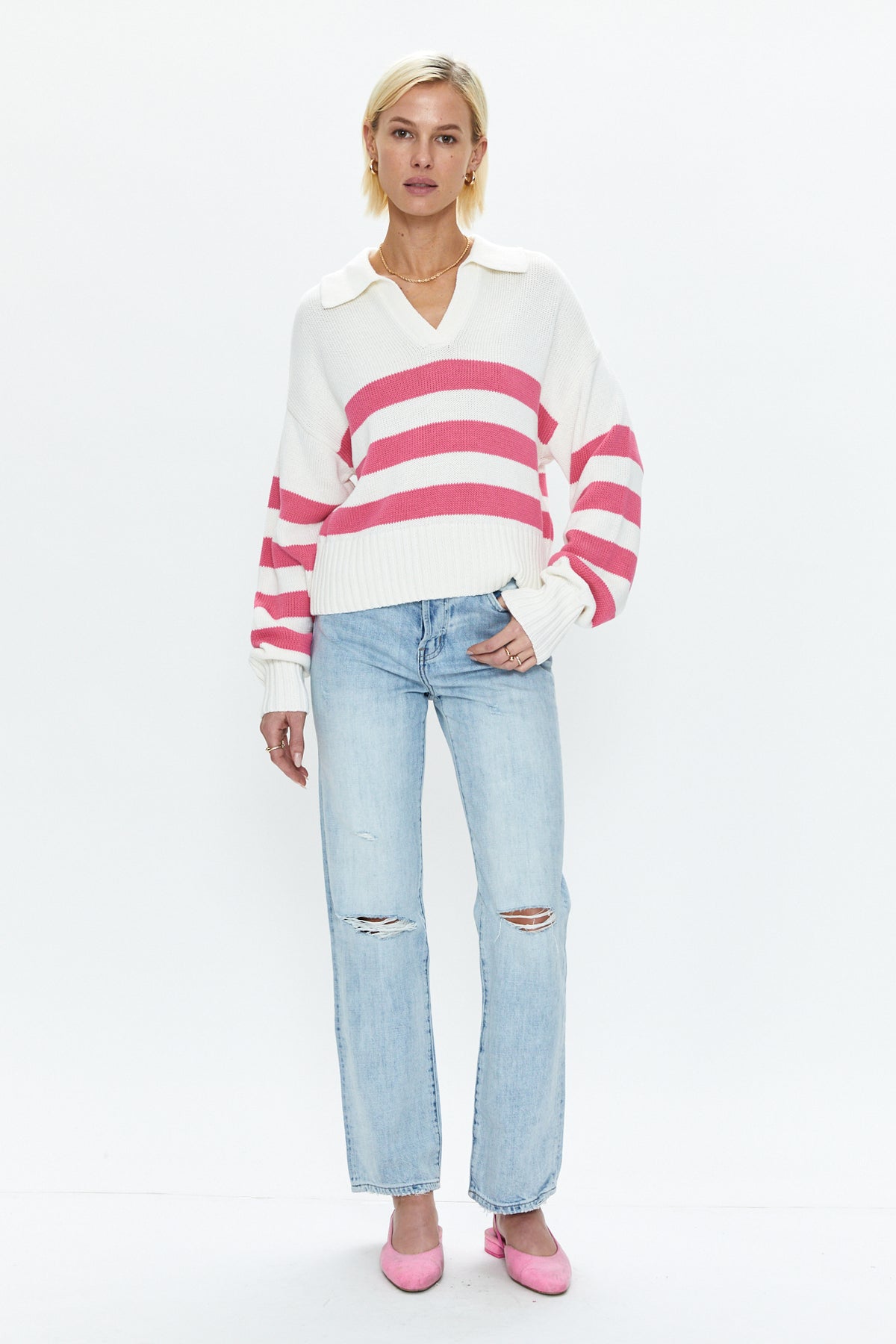Arlo Polo Sweater - Flamingo White Stripe
            
              Sale